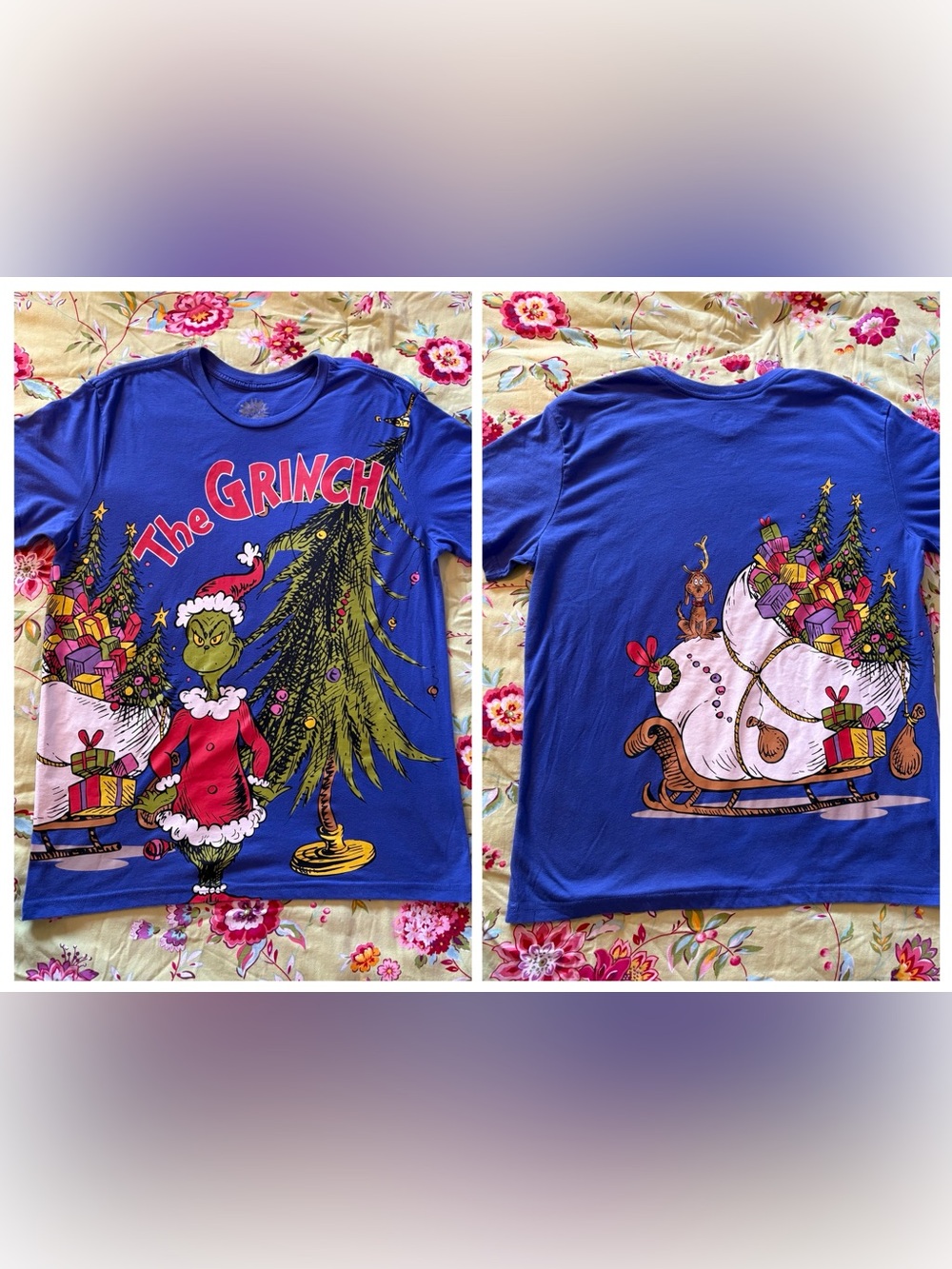 The Grinch Dr Seuss All Over Print Graphic Purple Tee Men’s Large 27”x22” EUC